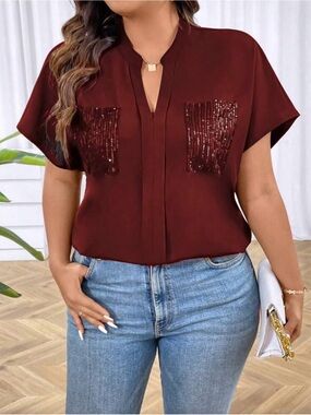 Sequin Pocket V-Neck Blouse Top - Burgundy Wine XXL Plus